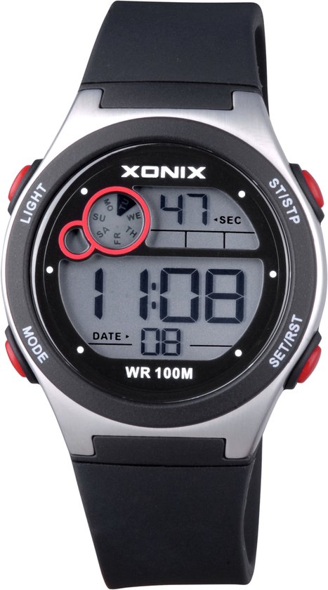 Xonix BBC-007 - Horloge - Digitaal - Unisex - Rond - Siliconen band - ABS - Cijfers - Achtergrondverlichting - Datumaanduiding - Alarm - Start-Stop - Chronograaf - Tweede tijdzone - Zwart - Zilverkleurig - Waterdicht - 10 ATM