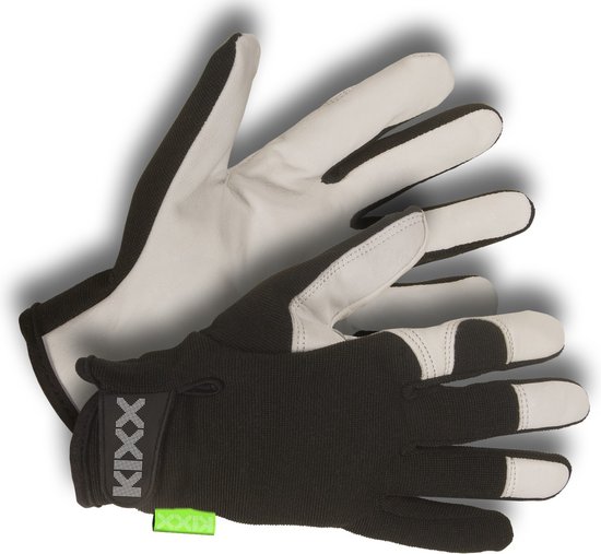 Zwarte handschoenen met witte vingertoppen en palm, met het logo 'KIXX' op de pols.