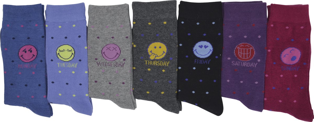 Smiley Dots dames sokken 7 paar met weekdagen in het engels 36
