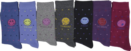 Smiley Dots dames sokken - 7 paar met weekdagen in het engels - 36/41 - multicolor