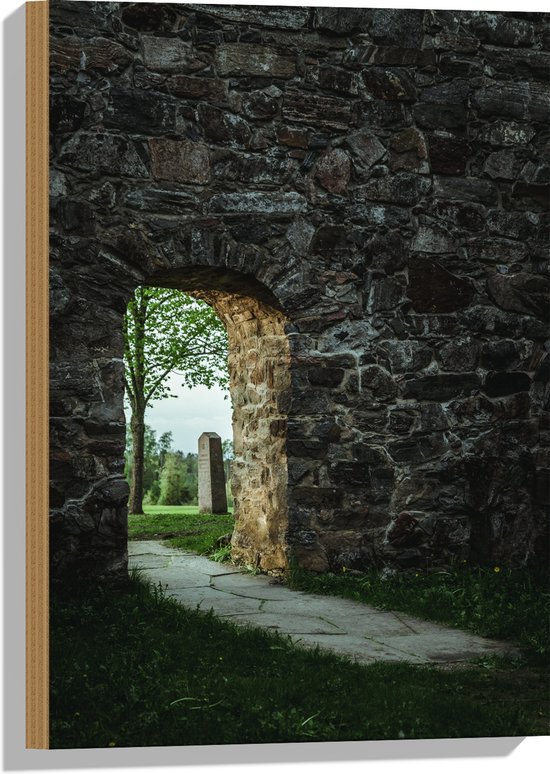 Hout - Muur - Stenen - Gras - Doorgang - 40x60 cm - 9 mm dik - Foto op Hout (Met Ophangsysteem)