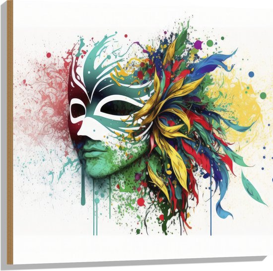 Hout - Waterverf Tekening van Kleurrijke Carnavals Masker tegen Witte Achtergrond - 80x80 cm - 9 mm dik - Foto op Hout (Met Ophangsysteem)
