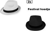 2x Festival hoed combi wit en zwart mt.59 - Stro -Hoofddeksel hoed festival thema feest feest party