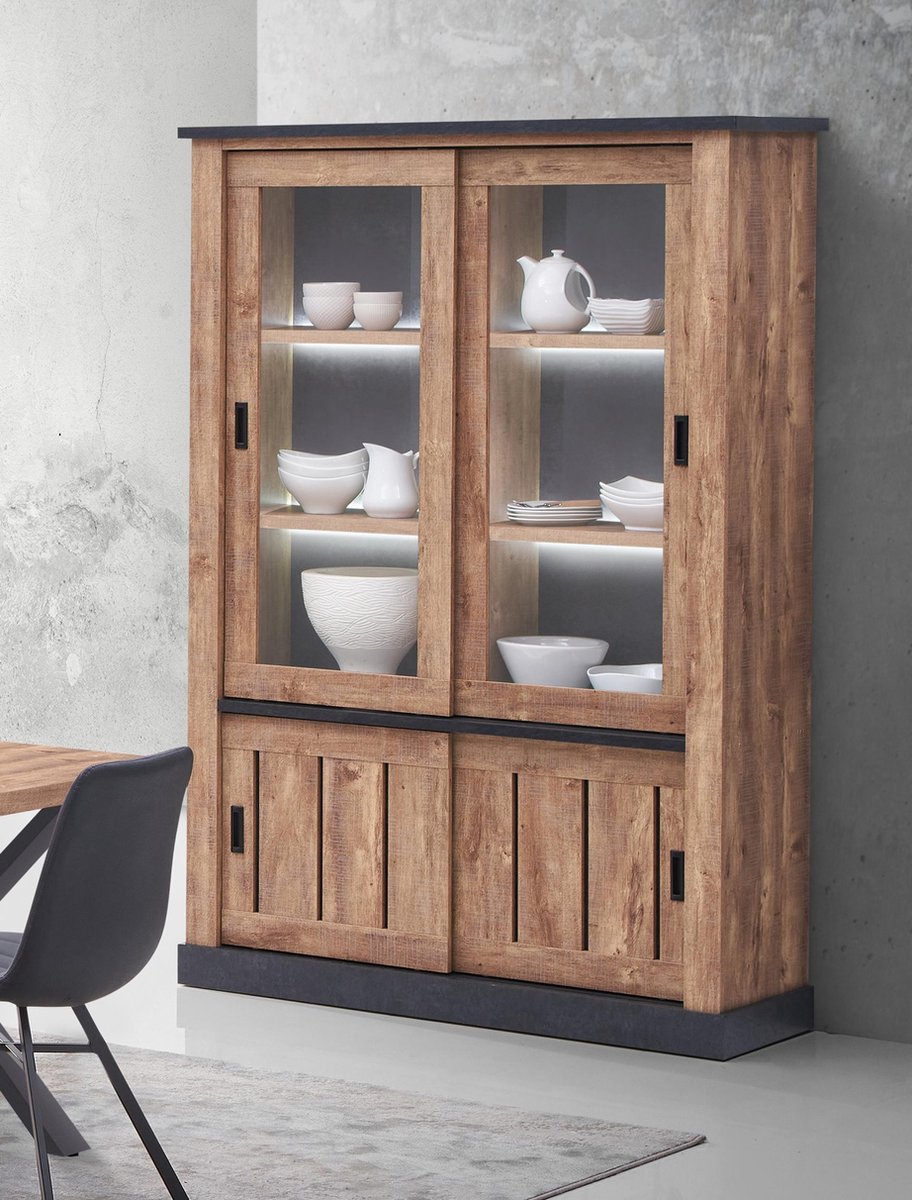 Belfurn - Etienne - Vitrinekast met glasdeuren in mango decor met zwarte profielen
