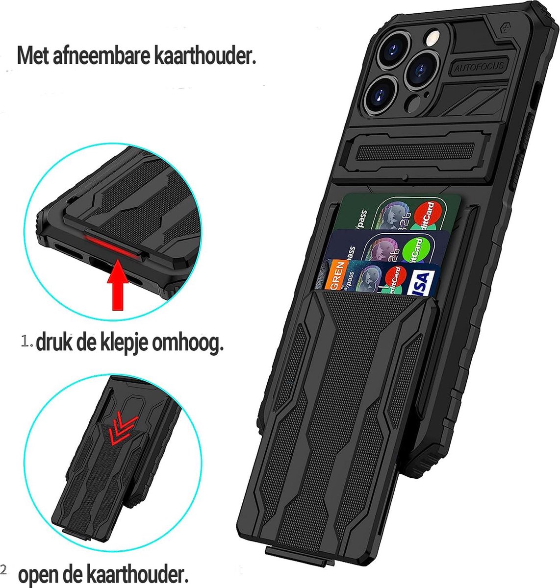 Iphone 14 pro hoesje met pasjeshouder- 3in1 Telefoonhoesje met creditcardhoude en houder
