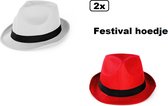 2x Festival hoed combi rood en wit mt.59 - Stro -Hoofddeksel hoed festival thema feest feest party