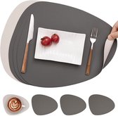 Lederen tafelmatten en onderzetters, Placemat Waterdichte Dubbelzijdige Keuken Plaats Matten Koffiematten Antislip Wasbare Placemats en Coaster Sets 4 (Driehoek Rond, Grijs Wit)