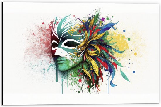 Dibond - Waterverf Tekening van Kleurrijke Carnavals Masker tegen Witte Achtergrond - 60x40 cm Foto op Aluminium (Wanddecoratie van metaal)
