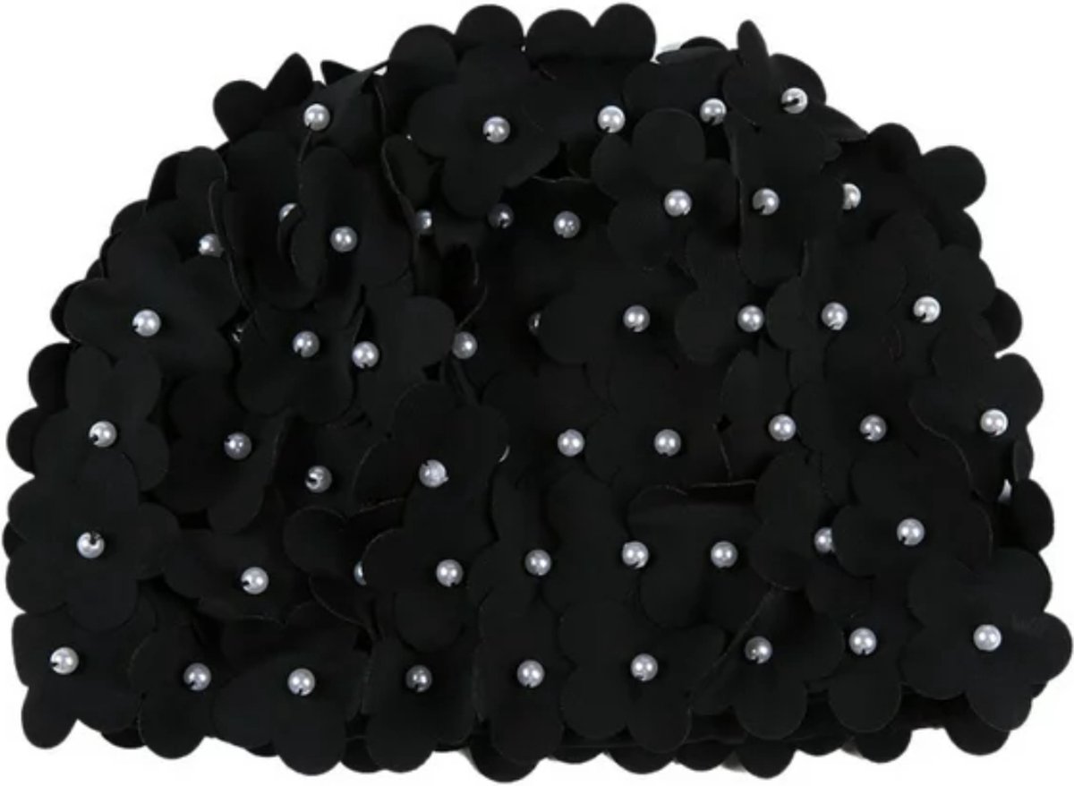 Winkrs | Zwarte Bloemetjes Badmuts | Douche accessoire, haarbedekking, douchecap, zwemmen — afbeelding 2