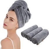 Tulband handdoek met knoop, microvezel, haartulband voor het haar, sneldrogend, haarhanddoek, super absorberend en zacht voor lang haar en alle haartypes, 25 cm x 65 cm, 3 stuks, grijs