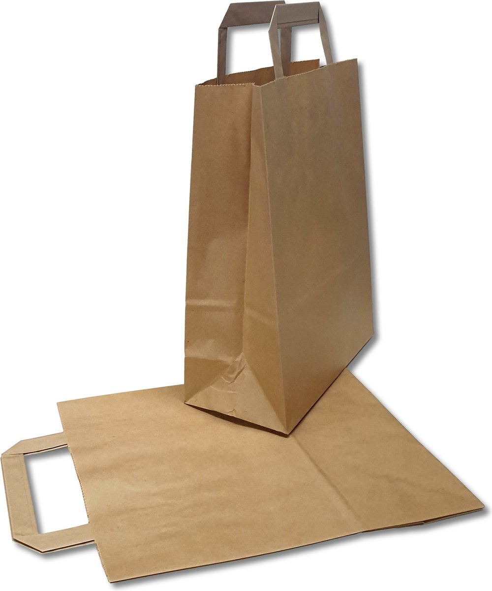 Prigta - Papieren tasjes met blokbodem - Bruin - 22x10x28 cm - 25 stuks - 70 grams kraftpapier