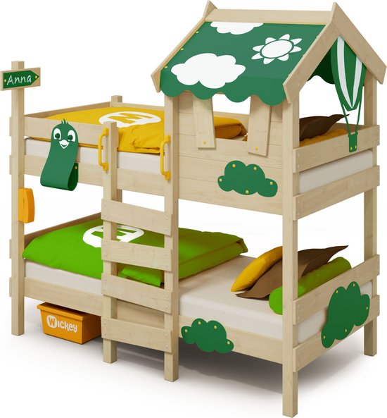 WICKEY Kinderbed, Stapelbed CrAzY Daisy groen dekzeil, Houten bed 90 x 200 cm