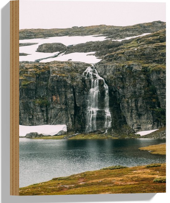 Hout - Rotsen - Bergen - Water - Waterval - Gras - 30x40 cm - 9 mm dik - Foto op Hout (Met Ophangsysteem)