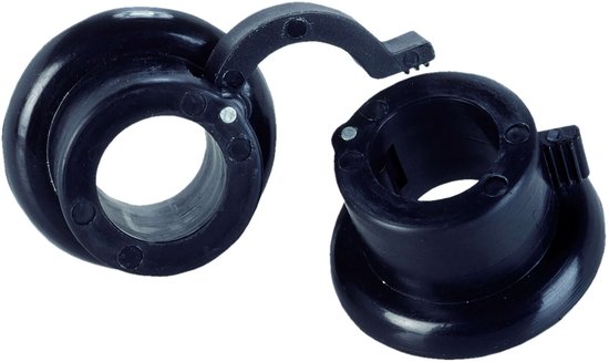 Twee zwarte, ronde ABS-haltersluiters met scharnierende sluitingen, diameter 30 mm.
