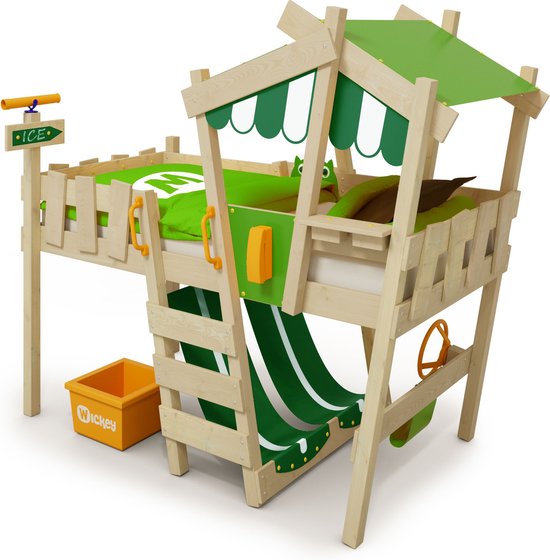 WICKEY Kinderbed, hoogslaper Crazy Hutty groen/appelgroen dekzeil, Eenpersoonsbed, Houten bed 90x 200 cm
