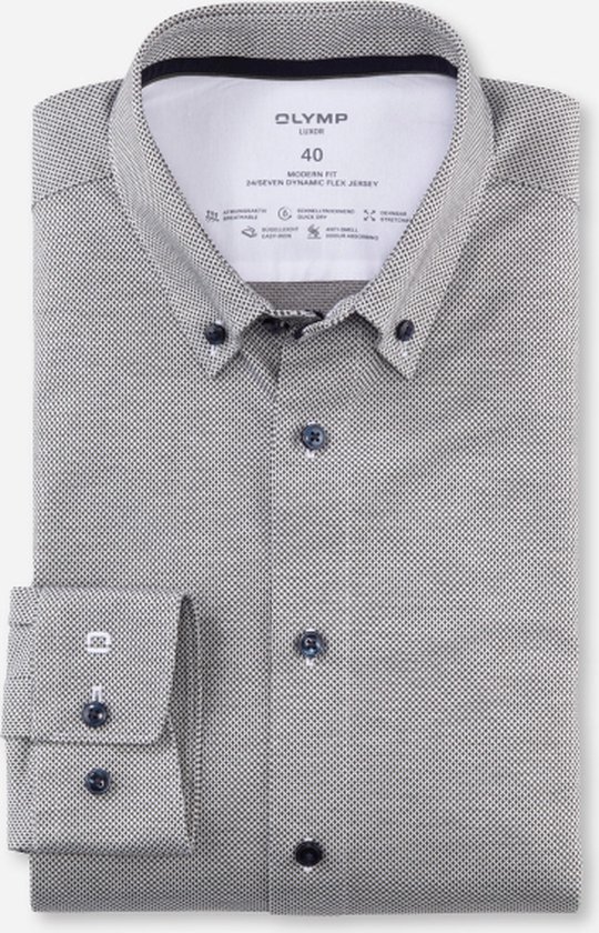 OLYMP 24/7 modern fit overhemd - tricot - olijfgroen met wit mini dessin - Strijkvriendelijk - Boordmaat: 45