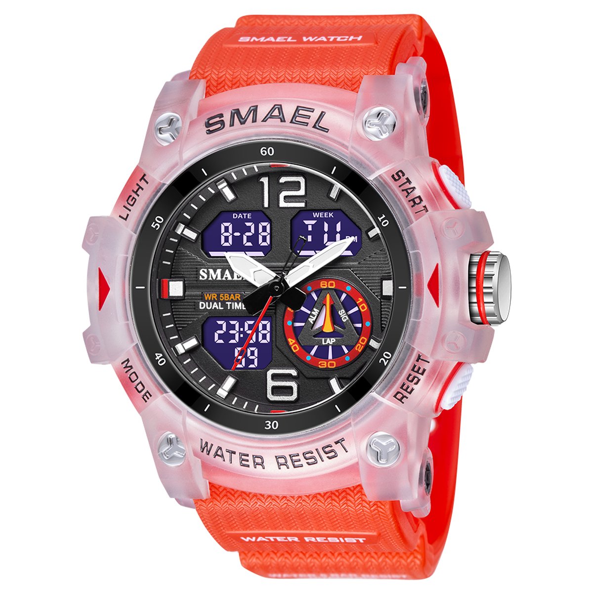 Shockbestendig Heren Horloge Rood met Transparante Kast | Smael | 8007 | Shock | Waterdicht | Glow in dark | Mud Master | Licht | Rubberen band | Timer | Eyecatcher | Cadeau