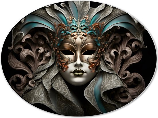 Dibond Ovaal - Wit Venetiaanse carnavals Masker met Blauwe en Gouden Details tegen Zwarte Achtergrond - 40x30 cm Foto op Ovaal (Met Ophangsysteem)