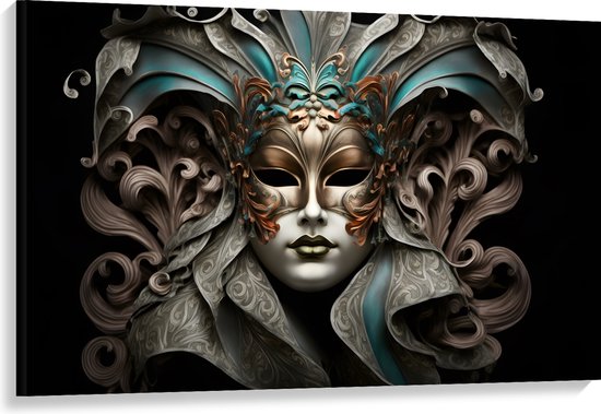 Canvas - Wit Venetiaanse carnavals Masker met Blauwe en Gouden Details tegen Zwarte Achtergrond - 120x80 cm Foto op Canvas Schilderij (Wanddecoratie op Canvas)