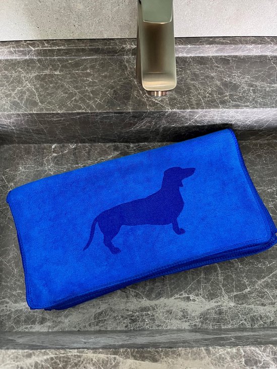 Teckel - Handdoek - Gastenhanddoek - 35x75 cm - Blauw - Microvezel - Hond - Toilet handdoek - Ultra absorberend - Superzacht