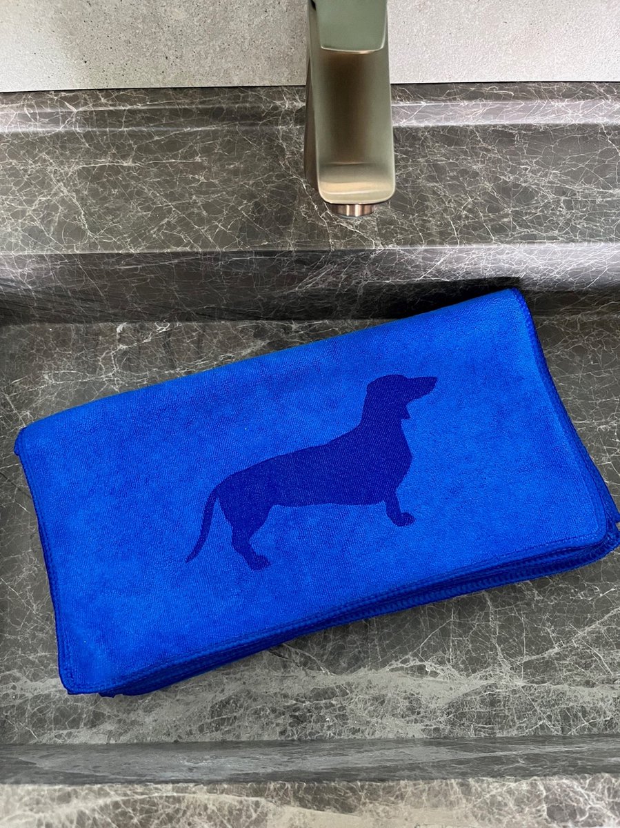 Teckel - Handdoek - Gastenhanddoek - 35x75 cm - Blauw - Microvezel - Hond - Toilet handdoek - Ultra absorberend - Superzacht