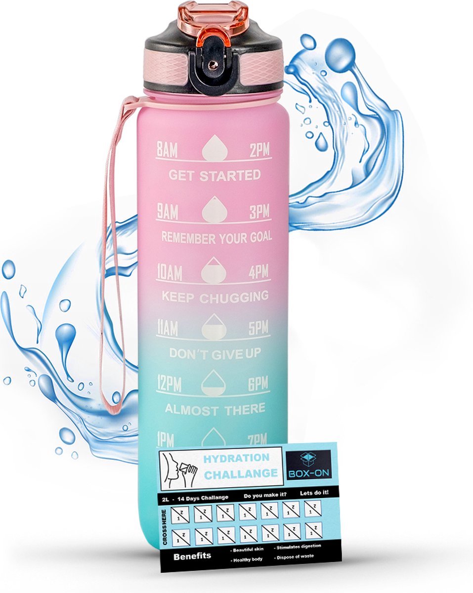 Aqua Fit Waterfles Roze/Blauw - 1 Liter Drinkfles - Waterfles met Rietje - Waterfles met tijdmarkering - BPA Vrij - Volwassenen - Drinkfles Kinderen - Met Box-On Hydration Challenge