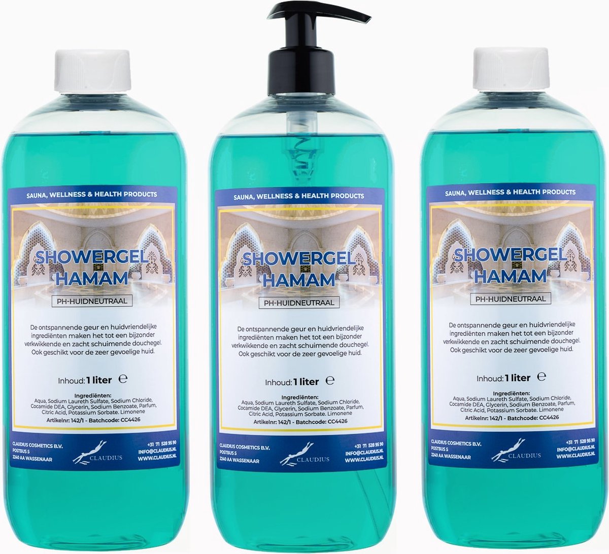 Goedkoopste Douchegel Hamam 1 liter - set van 3 stuks - met gratis pomp - Showergel