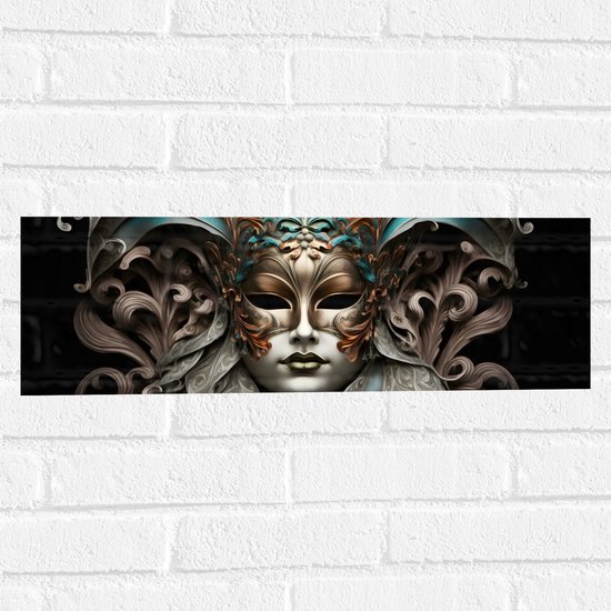 Muursticker - Wit Venetiaanse carnavals Masker met Blauwe en Gouden Details tegen Zwarte Achtergrond - 60x20 cm Foto op Muursticker