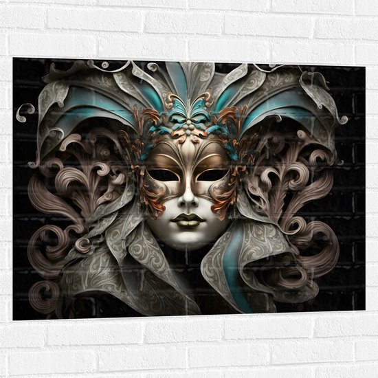 Muursticker - Wit Venetiaanse carnavals Masker met Blauwe en Gouden Details tegen Zwarte Achtergrond - 100x75 cm Foto op Muursticker