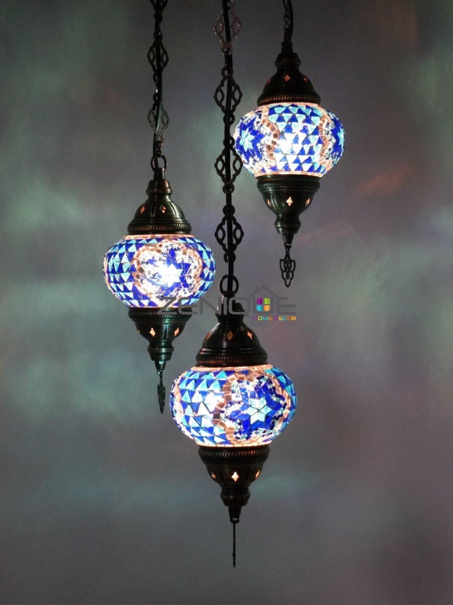 Turkse Lamp - Hanglamp - Mozaïek Lamp - Marokkaanse Lamp - Oosters Lamp - ZENIQUE - Authentiek - Handgemaakt - Kroonluchter - Blauw - 3 bollen