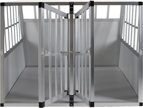 Zilverkleurige dubbele hondenbench van binnenuit, met twee deuren die naar het midden openen.