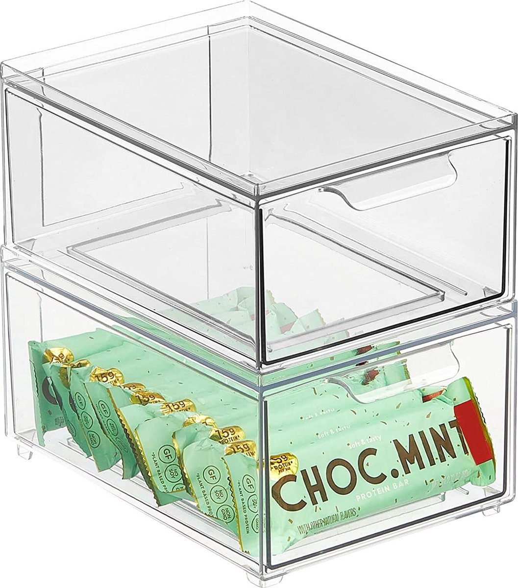 Laadbak, stapelbak van kunststof voor keuken- en koelkast, keukenorganizer voor snacks, pasta, enz groenten., set van 2, doorzichtig