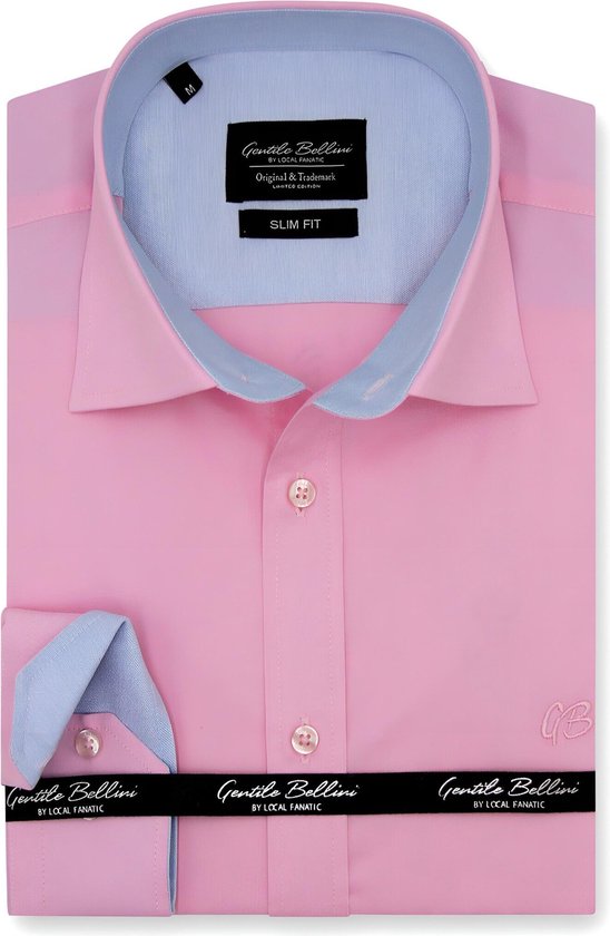 Heren Overhemd - Slim Fit - Circle Dots Contrastbeleg - Roze - Maat XXL