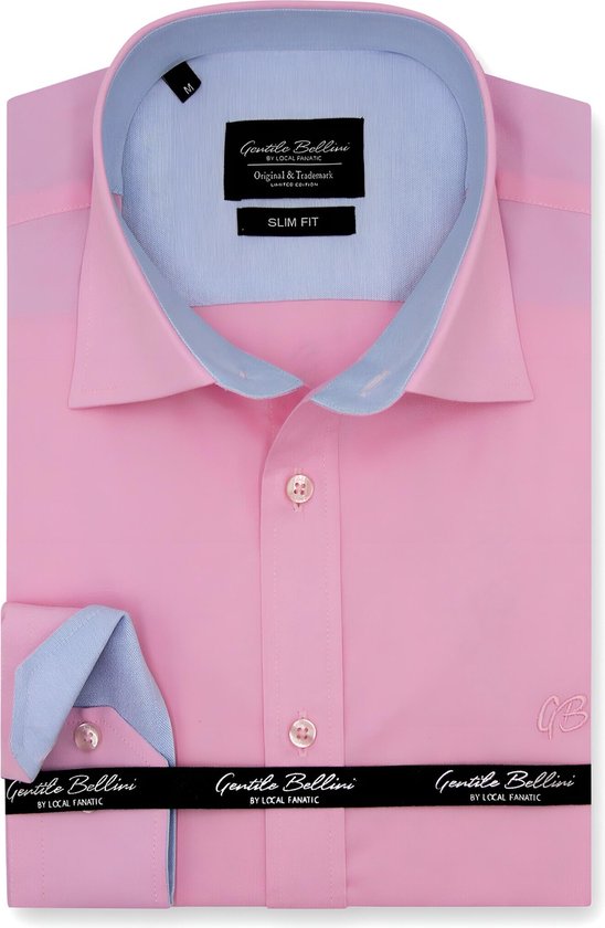 Heren Overhemd - Slim Fit - Circle Dots Contrastbeleg - Roze - Maat 3XL