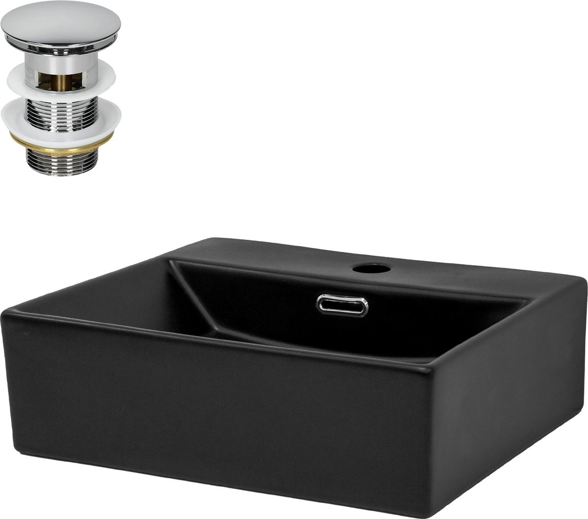 Wastafel incl. zilveren kabelwaste met overloop 41,5x36x13 cm zwart keramiek LuxeBath