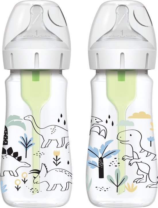 Babyflesje - Dr. Brown's Options+ Anti-Colic Babyfles - Brede halsfles - 270ml - Dino - 2 stuks