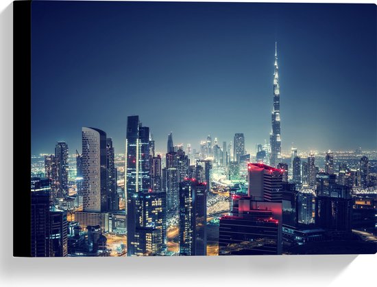 Canvas - Dubai in de Nacht met Burj Khalifa - 40x30 cm Foto op Canvas Schilderij (Wanddecoratie op Canvas)