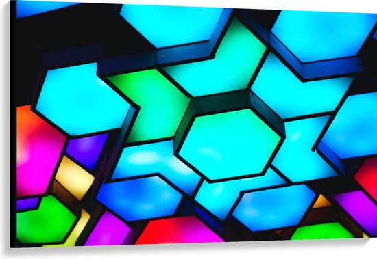 Canvas - Verschillende Neon Kleurige Hexagons tegen Zwarte Achtergrond - 120x80 cm Foto op Canvas Schilderij (Wanddecoratie op Canvas)