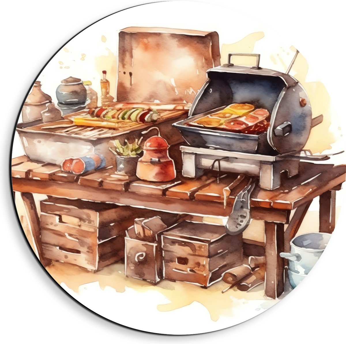Dibond Muurcirkel - Waterverf Tekening met Barbecue en Eten - 40x40 cm Foto op Aluminium M