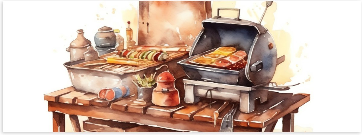 Poster (Mat) - Waterverf Tekening met Barbecue en Eten - 120x40 cm Foto op Posterpapier me