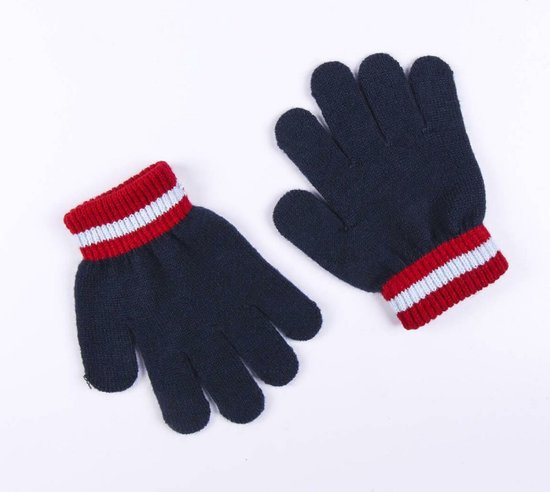 Donkerblauwe gebreide handschoenen met rode en witte strepen op de manchetten.