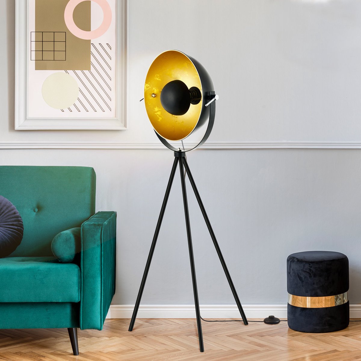 Design driepoot staande lamp Charlotte - zwart met goud