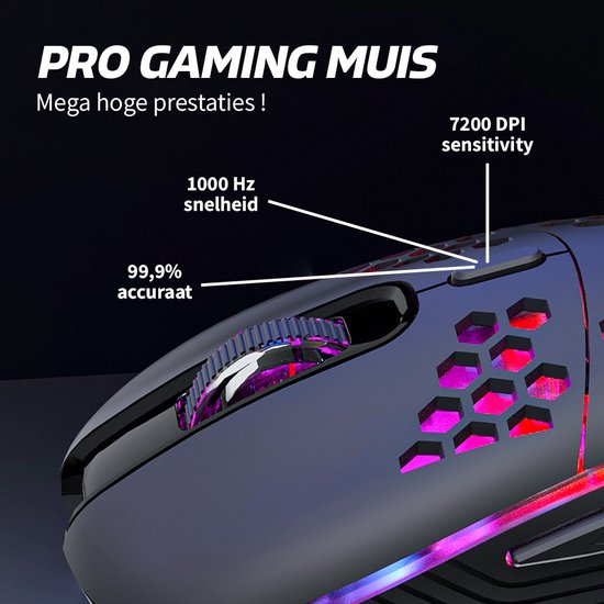 Gedetailleerde opname van een zwarte gaming muis met honingraat patroon, RGB verlichting en tekst over de specificaties.