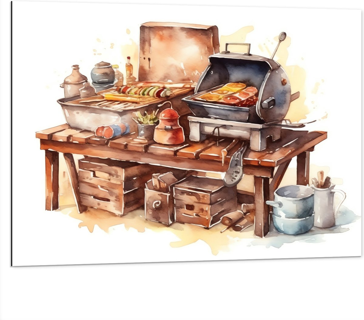 Dibond - Waterverf Tekening met Barbecue en Eten - 100x75 cm Foto op Aluminium (Met Ophang
