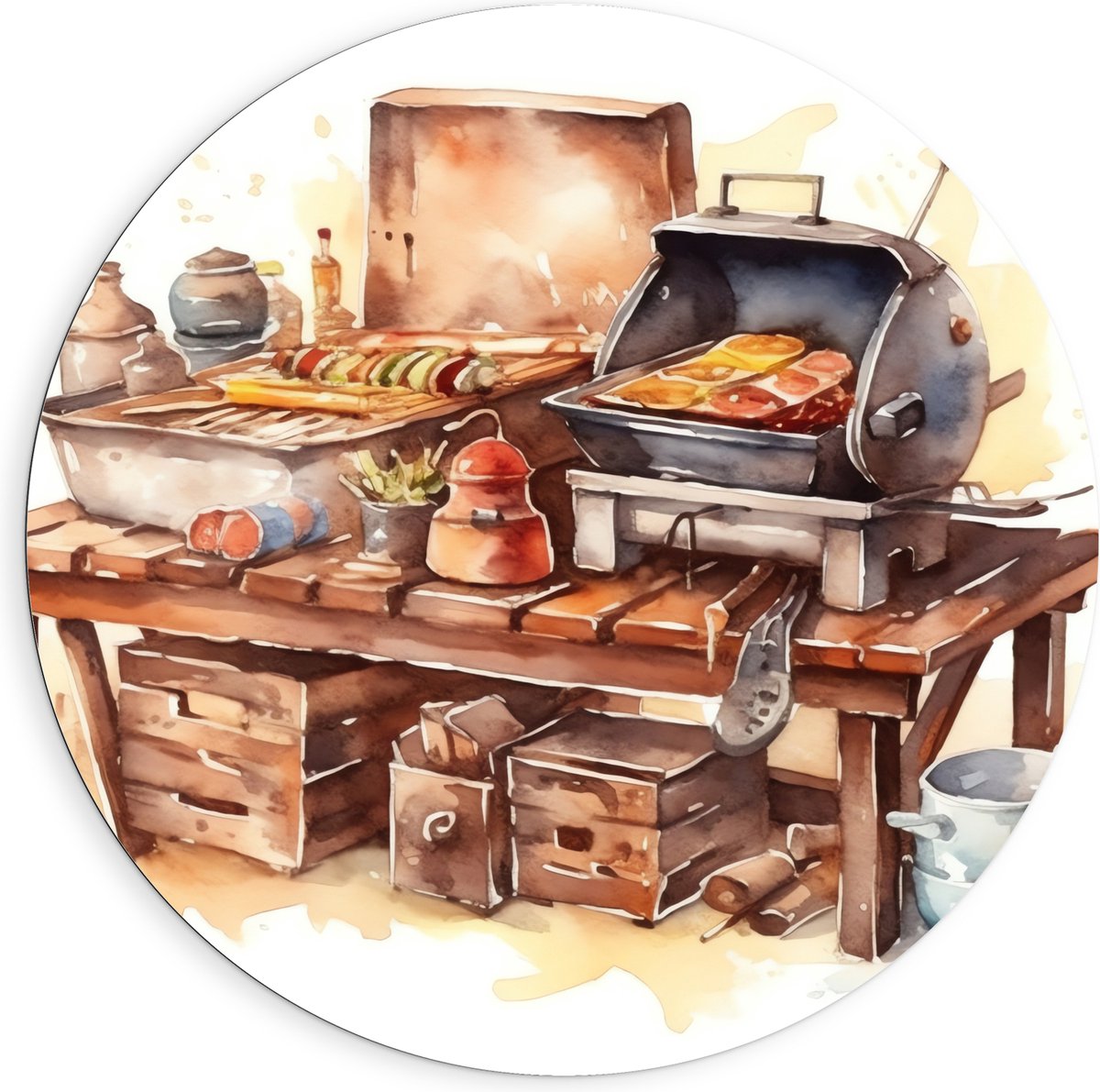 Dibond Muurcirkel - Waterverf Tekening met Barbecue en Eten - 90x90 cm Foto op Aluminium M