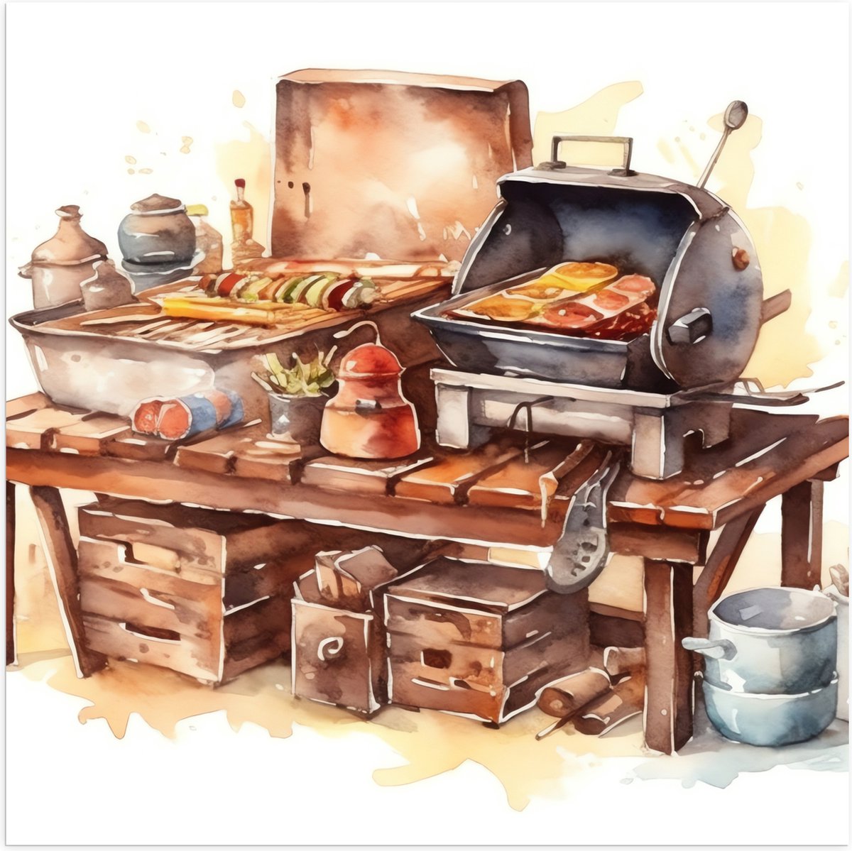 Poster (Mat) - Waterverf Tekening met Barbecue en Eten - 80x80 cm Foto op Posterpapier met