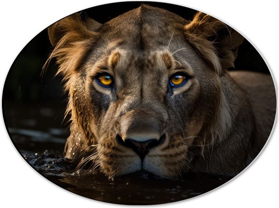 Dibond Ovaal - Leeuw in Water - 40x30 cm Foto op Ovaal (Met Ophangsysteem)