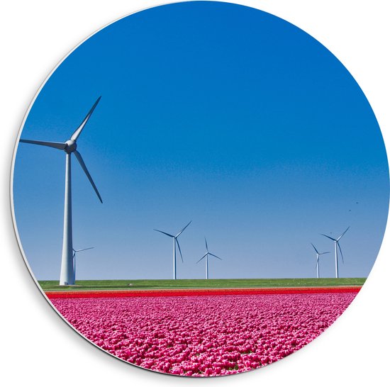 PVC Schuimplaat Muurcirkel - Bloemen - Bloemenveld - Tulpen - Landschap - Windmolens - Nederland - Kleuren - 40x40 cm Foto op Muurcirkel (met ophangsysteem)