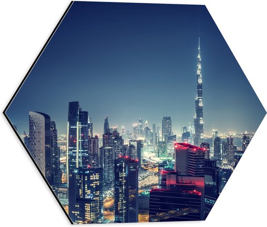 Dibond Hexagon - Dubai in de Nacht met Burj Khalifa - 40x34.8 cm Foto op Hexagon (Met Ophangsysteem)