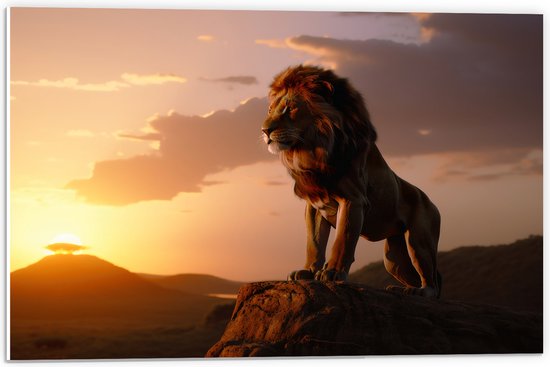 PVC Schuimplaat- Leeuw op Rots met Zonsondergang - 60x40 cm Foto op PVC Schuimplaat